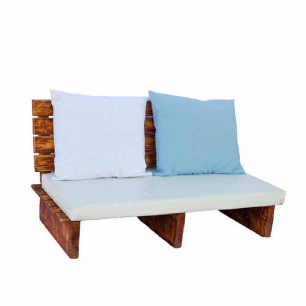 Brown Wood Double Futon with Mattress and Cushions for rent – Harmonia | Rentlyz