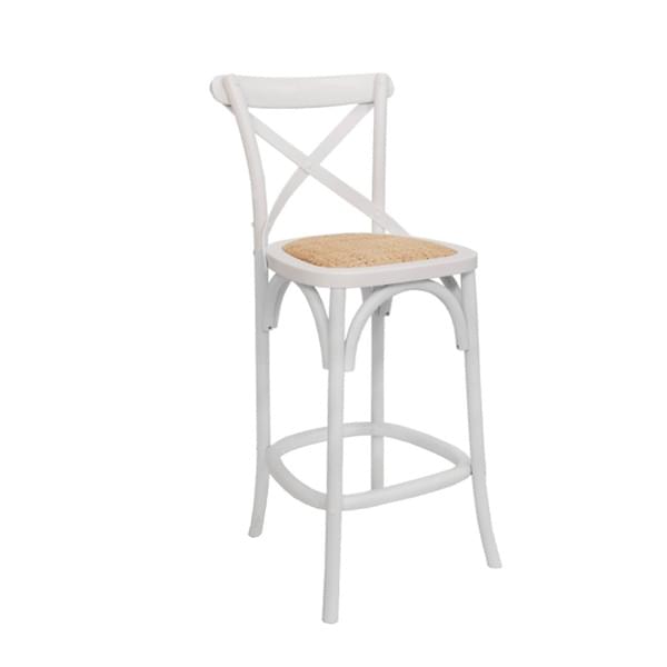 X Bar Stool with White Wooden Backrest for rent – Harmonia | Rentlyz