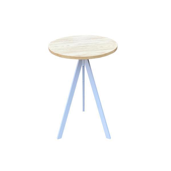 Round Bar Table with White Tripod Legs and Natural Wood Top for rent – Karma | Rentlyz
