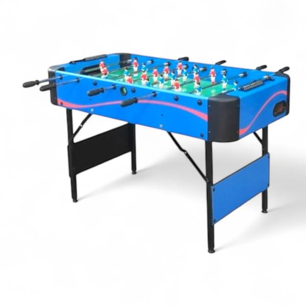 Blue tabletop foosball table with built-in players for rent – Les Events | Rentlyz