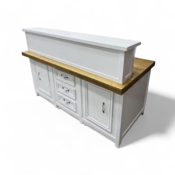 White Beverage Bar with Drawer-Like Design and Wood Top for rent – Karma | Rentlyz