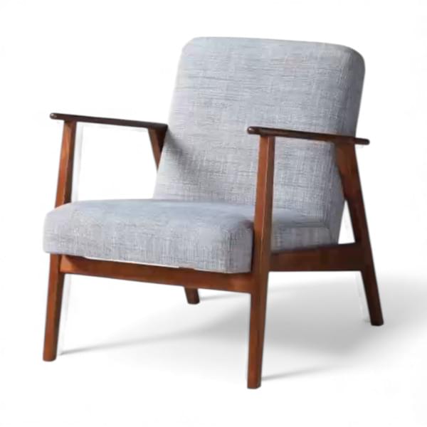 Gray fabric armchair with wooden armrests for rent – Shanti Eleganti | Rentlyz