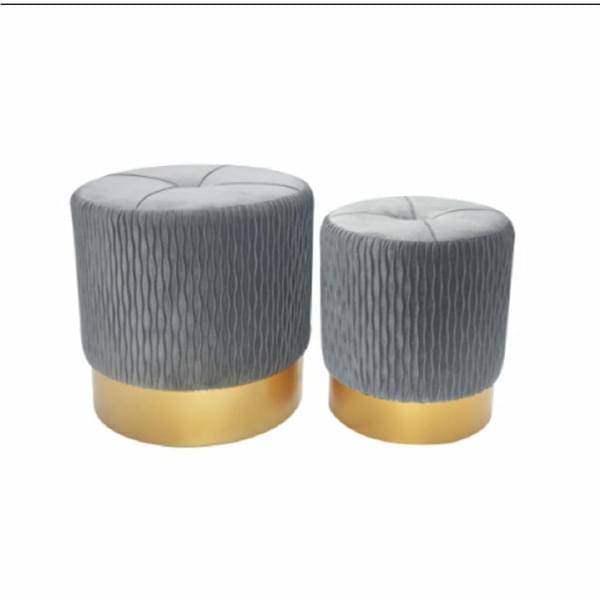 Pair of gray velvet ottomans with gold stripe for rent – Shanti Eleganti | Rentlyz