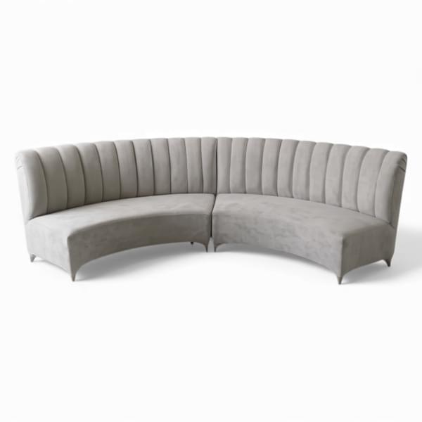 White velvet crescent sofa for rent – Shanti Eleganti | Rentlyz
