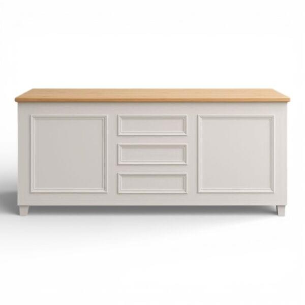 White window sideboard with natural wood top for rent – Shanti Eleganti | Rentlyz