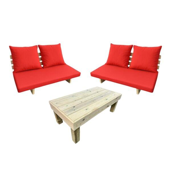 Red pouf set + table for rent – Les Events | Rentlyz