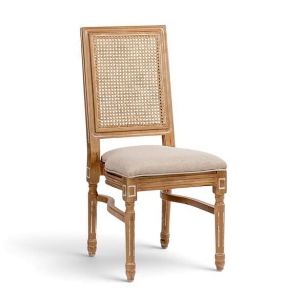 Rattan Morganite Chair, Linen Seat for rent – Diamond | Rentlyz