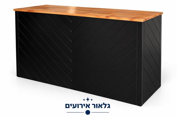 Black butcher counter with natural wood top for rent – Galore Events | Rentlyz